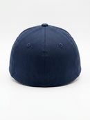 Navy blue fitted baseball cap (backside) on a white background