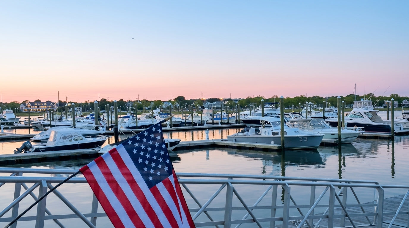 An American flag waves from a white railing in the foreground of a marina at sunset, with many boats docked in the water under a pink and blue sky.
