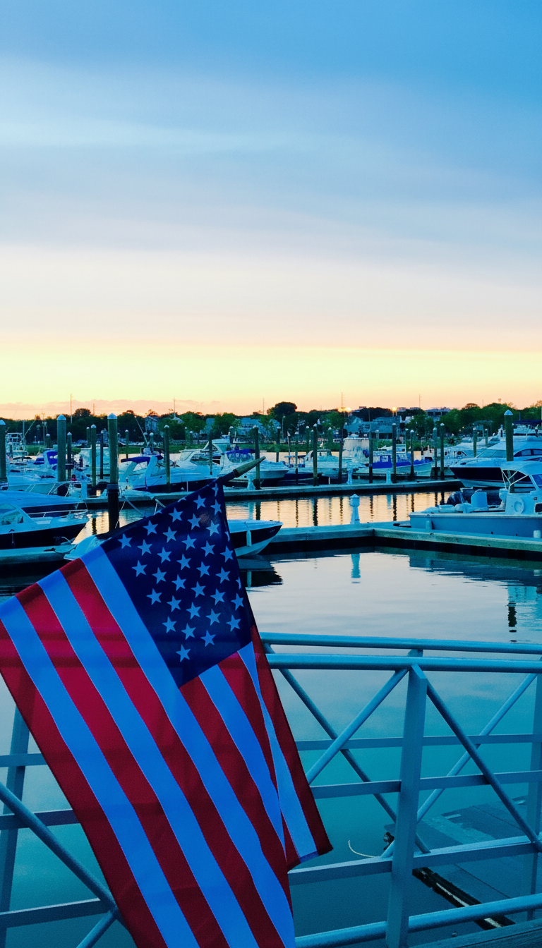 An American flag waves from a dock in a marina at dusk, with boats, water, and a blue sky in the background.