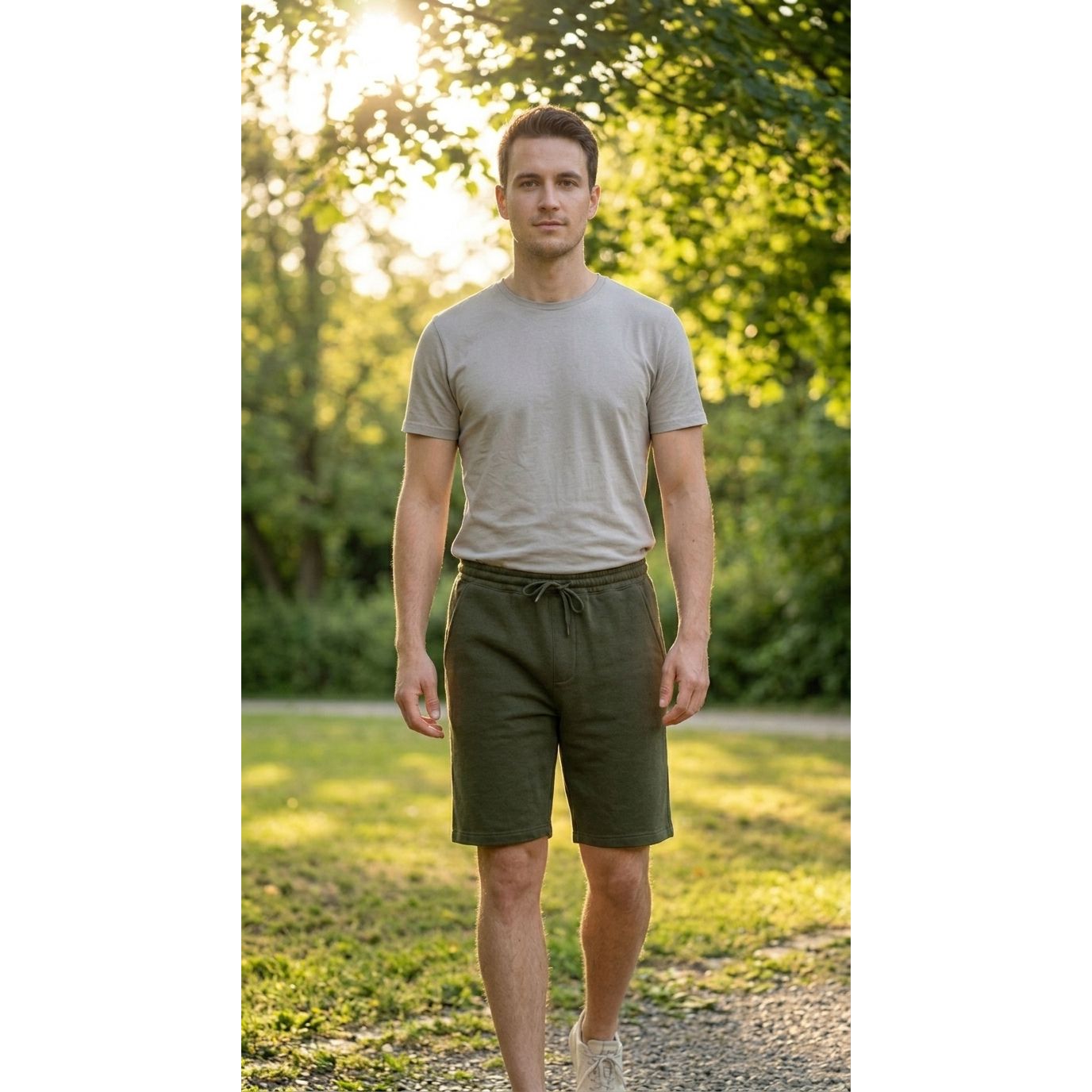 Man wearing a gray t-shirt and olive green shorts standing outdoors with trees in the background