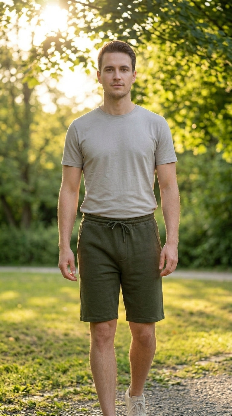 Man wearing a gray t-shirt and olive green shorts standing outdoors with trees in the background