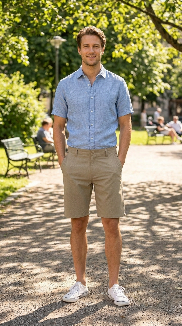 Man wearing a light blue shirt and beige shorts standing in a park.
