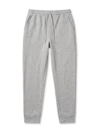 Light gray heather jogger sweatpants with an elastic waistband, drawstring, side pockets, and ribbed ankle cuffs, shown flat on a white background.